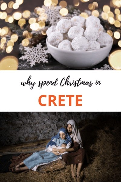 Greek christmas cookies on top, people playing Joseph, Mary and Jesus on the bottom. Text overlay says "why spend Christmas in Crete"