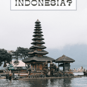 Ulun Danu Beratan water temple on Bali. Text overlay says "why vacation in indonesia"