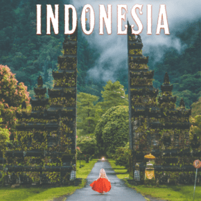 Person approaching Balinese gate. Text overlay says "why you should visit indonesia"