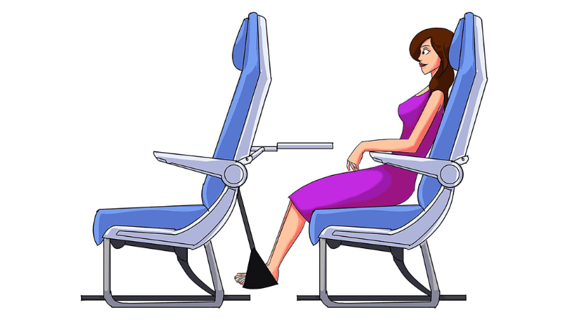 illustration of a woman in a plane seat using an airplane footrest