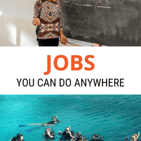 Top: English class. Bottom: Divers in the water. Text overlay says "jobs you can do anywhere"