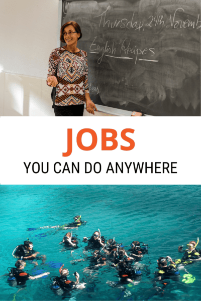 Top: English class. Bottom: Divers in the water. Text overlay says "jobs you can do anywhere"