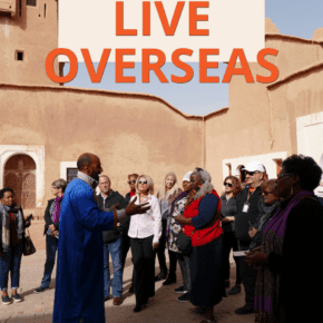 Guide with tour group. Text overlay says "How to make money if you want to live overseas"