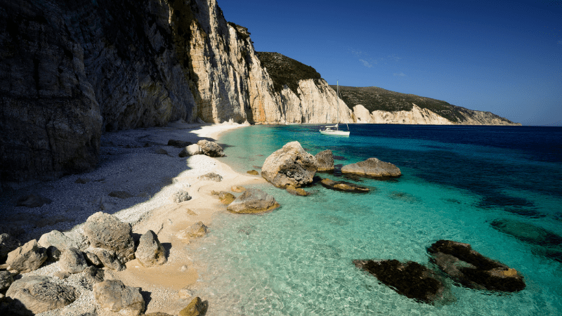 crystal clear aquamarine water in Kefalonia Greece
