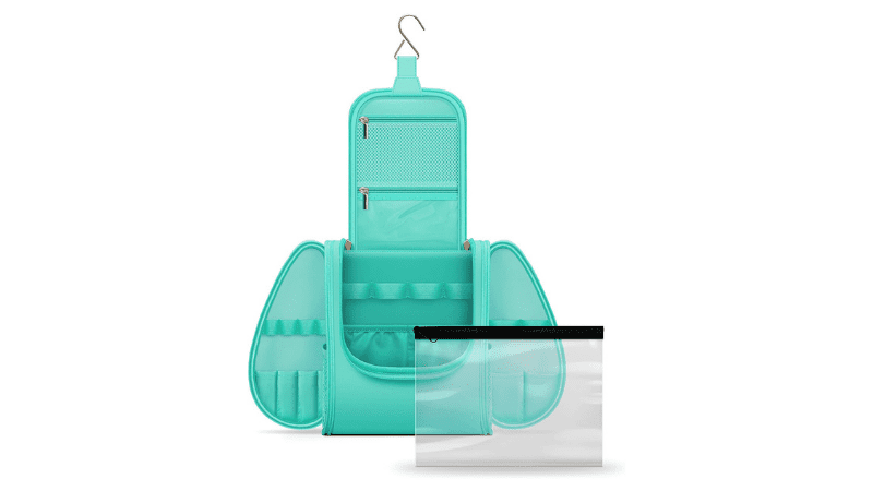 green hanging travel toiletry kit