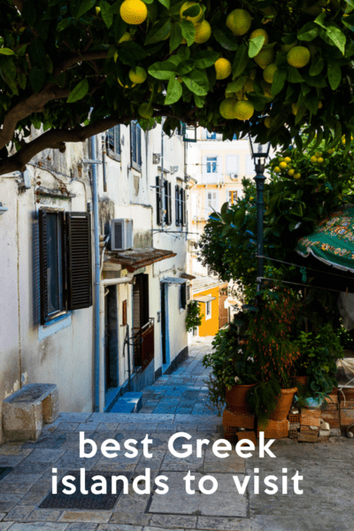 Pedestrian street in Corfu.Text overlay says "best greek islands to visit"