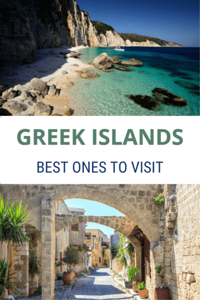 Top: Clear water on a Greek island. Bottom: Arches over a road in an ancient greek town. Text overlay says "Greek islands: Best ones to visit"