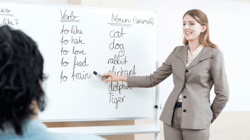 ESOL teacher standing at a white board. 