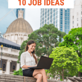 Woman sitting on a low wall outdoors with a computer on her lap. Text overlay says "You can live abroad 10 job ideas"
