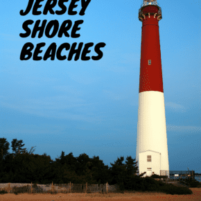 Cape May lighthouse with beach in foreground. Text overlay says "10 best jersey shore beaches"
