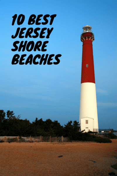Cape May lighthouse with beach in foreground. Text overlay says "10 best jersey shore beaches"