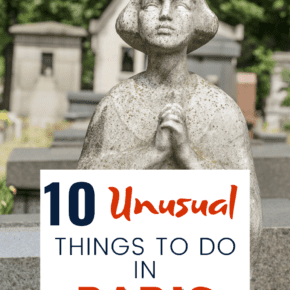 Gravestone sculpture in Paris. Text overlay says "10 unusual things to Do in Paris"