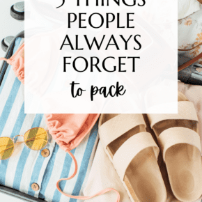 Suitcase with vacation items. Text overlay says "5 things people always forget to pack"