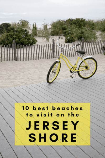 bicycle parked on a jersey shore beach. Text overlay says "10 best beaches to visit on the Jersey shore"