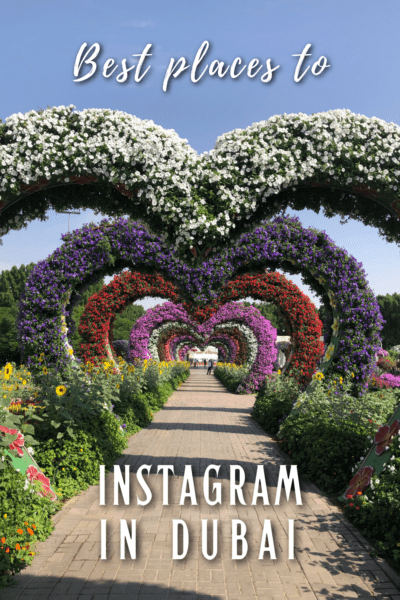 Heart topiaries in Dubai Miracle Garden. Text overlay says best places to Instagram in Dubai