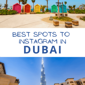 Top: La Mer Dubai. Bottom: Burj Khalifa. Text overlay says Best spots for photos in dubai