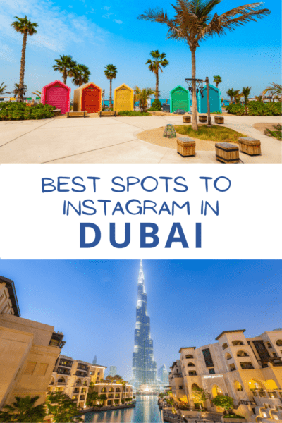 Top: La Mer Dubai. Bottom: Burj Khalifa. Text overlay says Best spots for photos in dubai