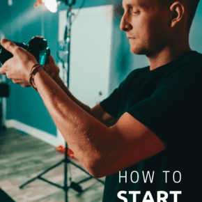 man using a camera. Light in background. Text overlay says "how to start a vlog"