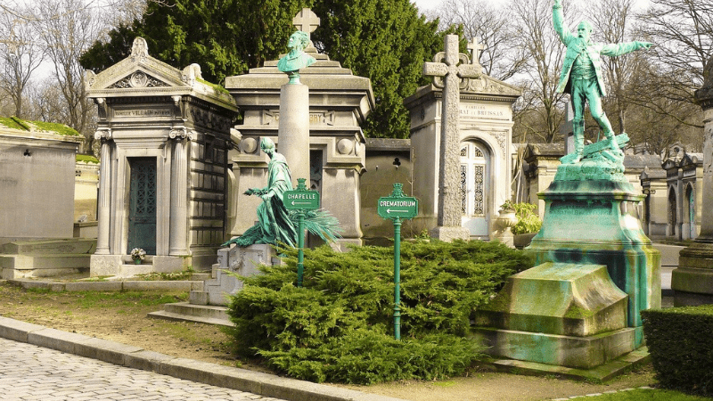 Mausoleums behind sculptures in Pere Lachaise Cemetery
