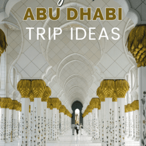interior of Sheikh Zayed mosque. Text overlay says "15 great Abu Dhabi trip ideas"