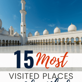 Sheikh Zayed mosque. Text overlay says "15 most visited places in Abu Dhabi"
