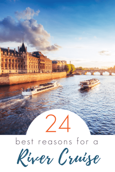 River cruise ship on the Danube in Budapest. Text overlay says "24 best reasons for a river cruise"