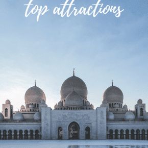 Mosque in Abu Dhabi. Text overlay says "Abu Dhabi top attractions"