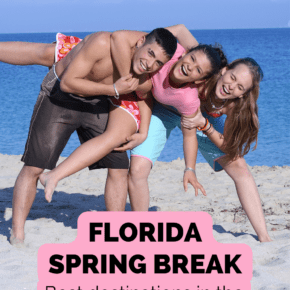 Young people clowning around on a beach. Text overlay says "Florida spring break Best destinations in the sunshine state"