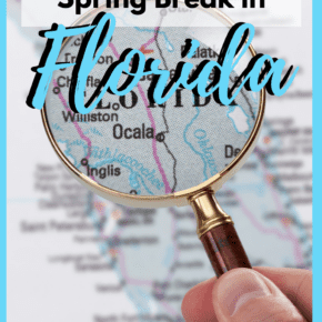 Magnifying glass over a map of the state. Text overlay says "Where to spend spring break in Florida"