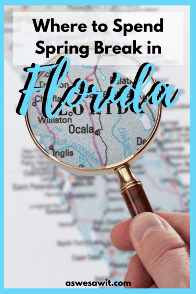 Magnifying glass over a map of the state. Text overlay says "Where to spend spring break in Florida"