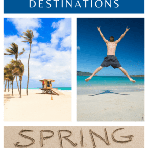 collage of a beach with palm trees and a hut, a person jumping on an empty beach, and the words spring break written in the sand. Text overlay says "best florida spring break destinations"
