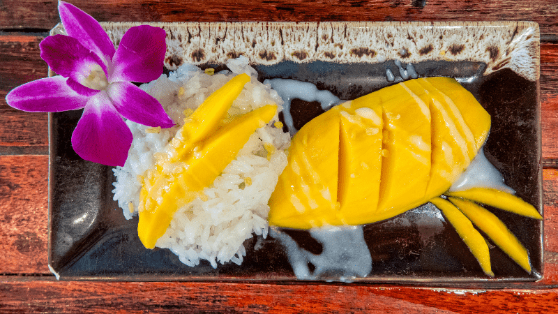 Mango and sticky rice on a tray decorated with an orchid flower