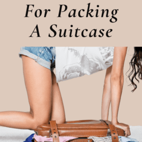woman on top of an overstuffed suitcase. Text overlay says "tips & tricks for packing a suitcase"