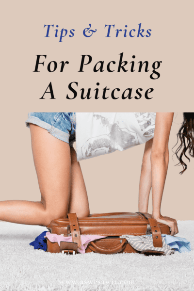 woman on top of an overstuffed suitcase. Text overlay says "tips & tricks for packing a suitcase"