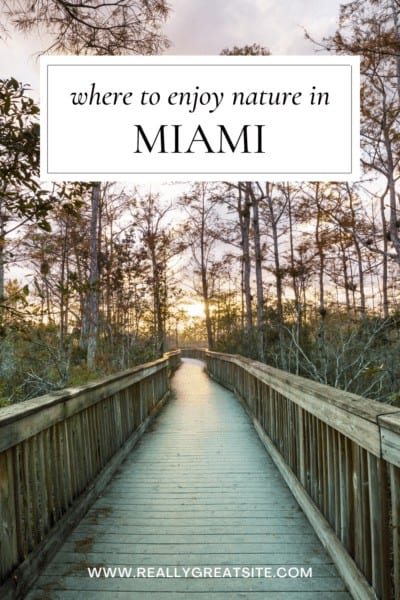 boardwalk in a florida state park. Text overlay says "where to enjoy nature in miami"