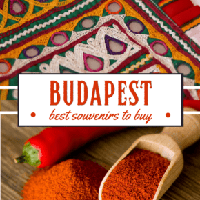 top: Hungarian embroidery details. Bottom: paprika pepper, pile of ground paprika, and wooden scoop filled with paprika. Text overlay says "budapest best souvenirs to buy"
