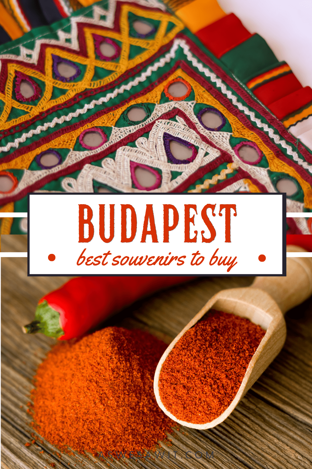 top: Hungarian embroidery details. Bottom: paprika pepper, pile of ground paprika, and wooden scoop filled with paprika. Text overlay says "budapest best souvenirs to buy"