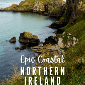 Northern Ireland coastline. Text overlay says "epic coastal Northern Ireland road trip"
