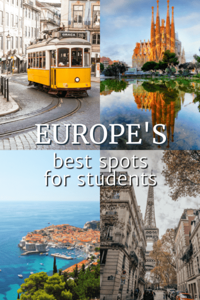 Upper left: Lisbon tram. Upper right: Barcelona Sagrada Familia cathedral. Bottom left: Dubrovnik walled city aerial view Bottom right: street in Paris with Eiffel tower in the background. Text overlay says "Europe Best Spots for Students"