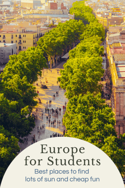 Aerial view of a Madrid street. Text overlay says "Europe for Students best places to find lots of sun and cheap fun"