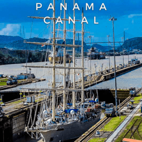 Schooner in one of the locks at Miraflores.  Text overlay says "how to see the Panama Canal"