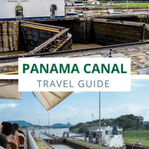 Top: MIraflores Locks office with Lock gates in foreground. Bottom: People on the viewing platform at the visitor's center looking at a ship entering a lock. Text overlay says "Panama Canal travel guide."
