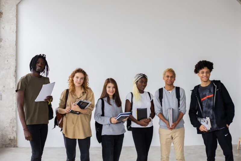 group of 6 multicultural college students who study in Spain