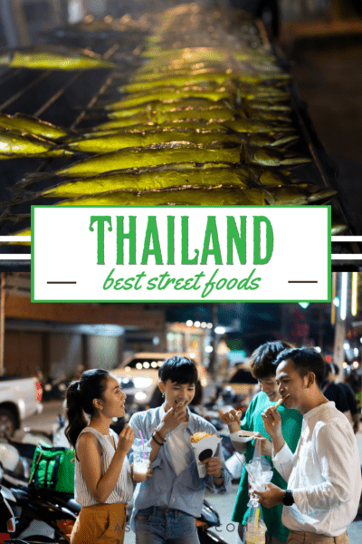 Top: food on a grill at a Thai night market. Bottom: Thais eating street food. Text overlay says "Thailand best street foods"