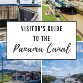 top left: Miraflores Locks office. Top right, bottom left and bottom right show a ship on the Panama Canal. Text overlay says "Visitors guide to the panama canal"