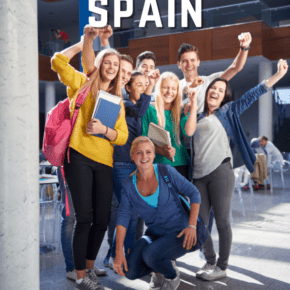 Group of college students with arms raised. Text overlay says "why study in Spain"