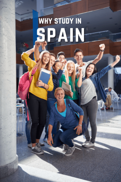 Group of college students with arms raised. Text overlay says "why study in Spain"