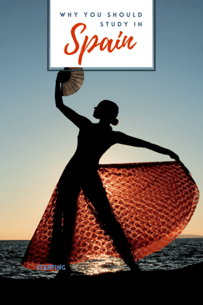 silhouette of flamenco dancer. Text overlay says "why you should study in Spain"