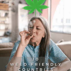 Older woman sitting at a table in a restaurant and smoking a joint. Text overlay says "10 weed-friendly countries you can visit"