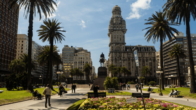 Park, tower, and buildings in Montevedeo Uruguay